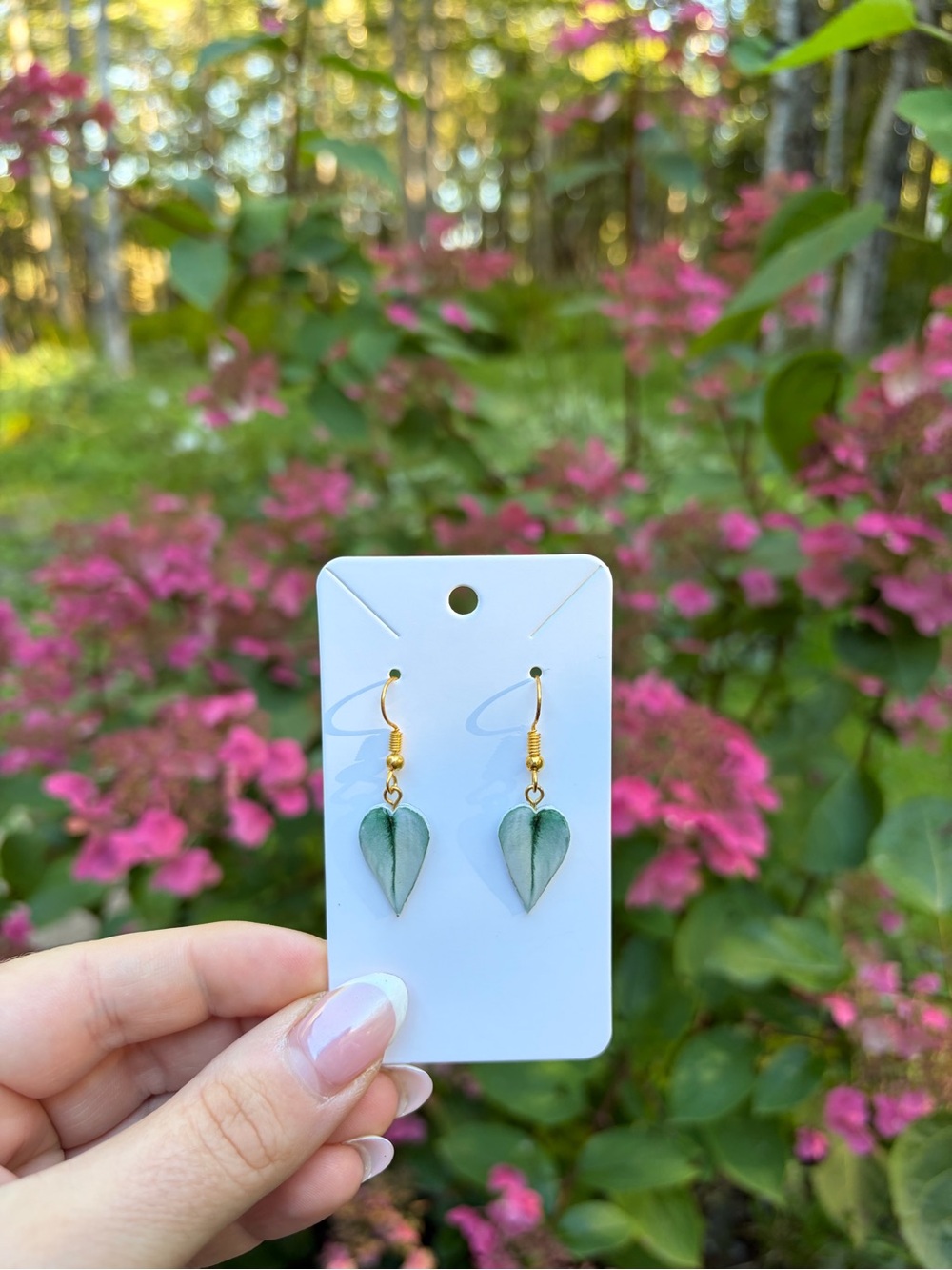 Handmade Green Leaf Heart Drop Earrings - Gold Hooks